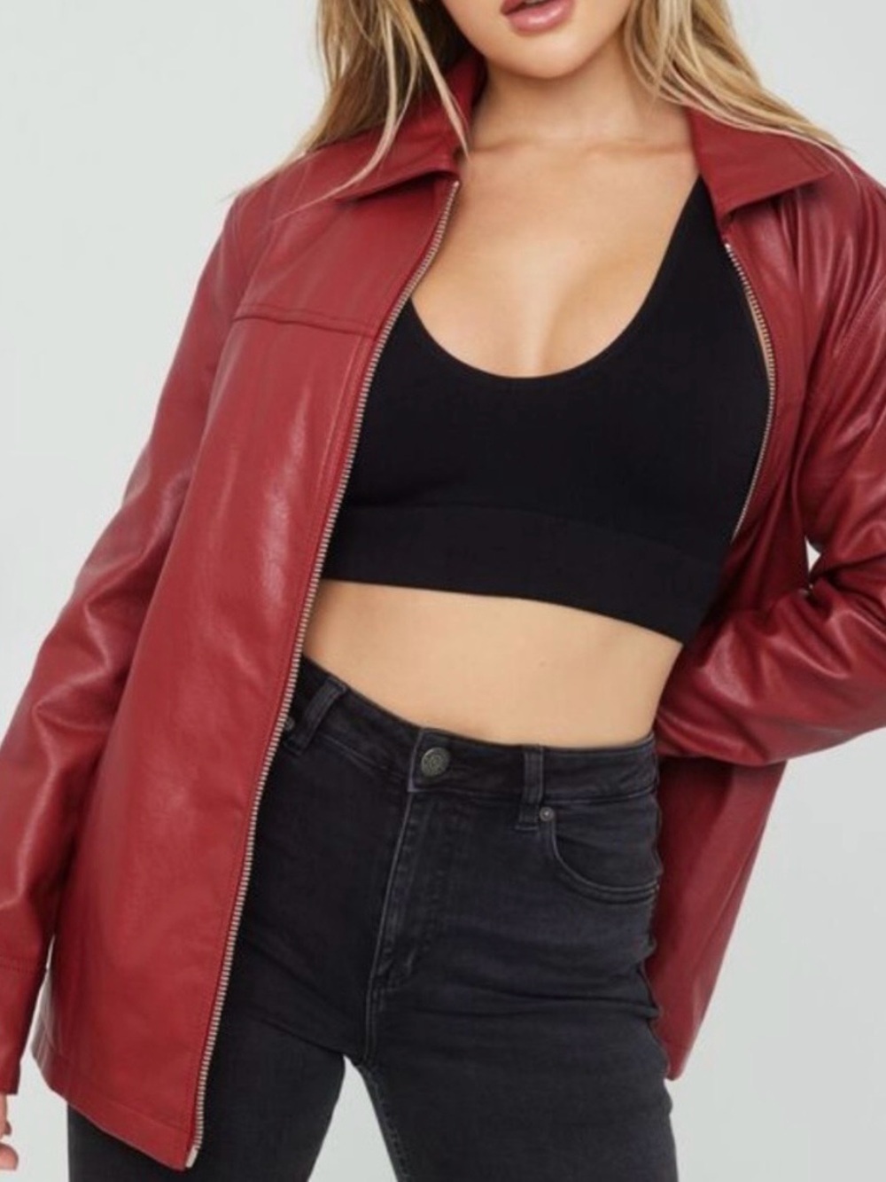 GARAGE CLOTHING Oversized Red Faux Leather Jacket